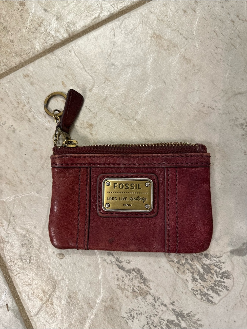 Fossil Red Leather Card & Key Pouch with Brass Plate
